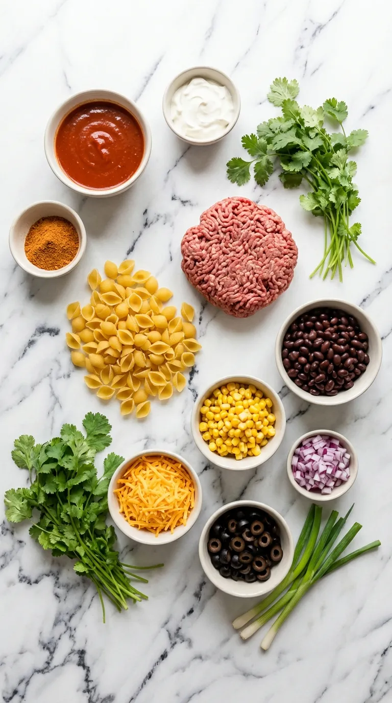 CREAMY ENCHILADA SAUCE TACO PASTA SALAD 2 Enchilada Sauce Taco Pasta Salad Ingredients