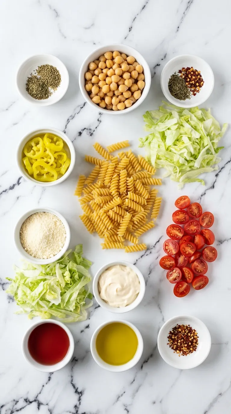 Vegetarian Chickpea Grinder Pasta Salad Ingredients