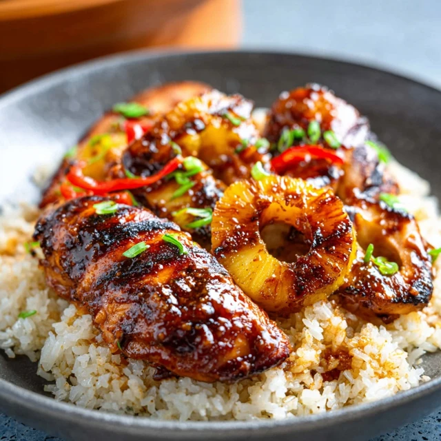 ALOHA HULI HULI PINEAPPLE CHICKEN AND RICE 1 A delicious bowl of grilled Huli Huli Pineapple Chicken and Rice, garnished with fresh green onions.