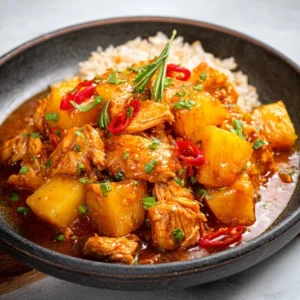 ALOHA SLOW COOKER HAWAIIAN PINEAPPLE CHICKEN 5 A bowl of tender Slow Cooker Hawaiian Pineapple Chicken with pineapple chunks and peppers, served over white rice.