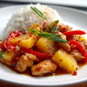A vibrant bowl of Sweet and Sour Pineapple Chicken with bell peppers and onions, garnished with sesame seeds.
