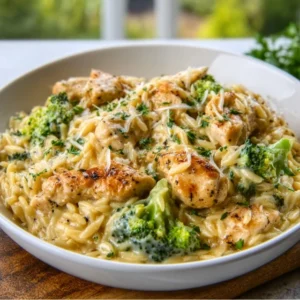 CHEESY CHICKEN BROCCOLI ORZO PERFECTION 5 A skillet filled with creamy Cheesy Chicken Broccoli Orzo, garnished with fresh parsley.