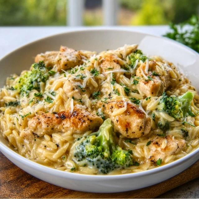 CHEESY CHICKEN BROCCOLI ORZO PERFECTION 1 A skillet filled with creamy Cheesy Chicken Broccoli Orzo, garnished with fresh parsley.