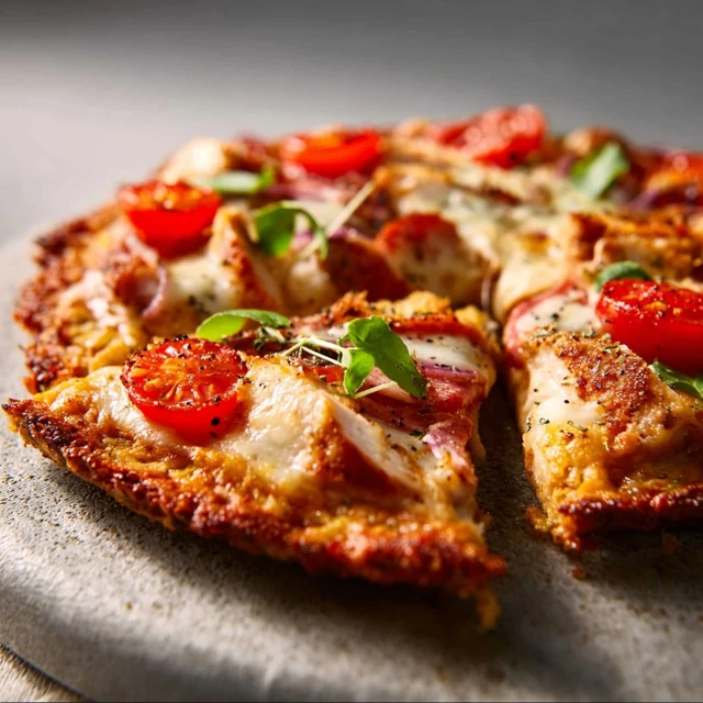 CHICKEN CRUST KETO PIZZA GAME CHANGER 1 A delicious Chicken Crust Keto Pizza topped with melted mozzarella cheese, pepperoni, and fresh basil.