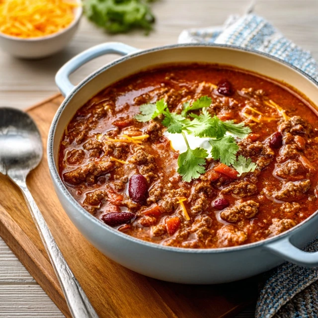 CLASSIC BEEF CHILI MADE FROM SCRATCH 1 A hearty bowl of classic beef chili topped with shredded cheddar cheese, sour cream, and fresh cilantro.