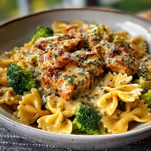 COWBOY BUTTER LEMON BOWTIE CHICKEN WITH BROCCOLI 1 A white bowl filled with Cowboy Butter Lemon Bowtie Chicken with Broccoli, garnished with fresh parsley and a lemon wedge.