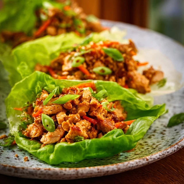 CRAVE WORTHY MISSISSIPPI CHICKEN LETTUCE WRAPS 1 Several Mississippi Chicken Lettuce Wraps on a white plate, filled with zesty shredded chicken and pepperoncini.