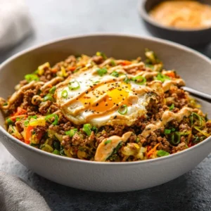 CRAVEABLE GROUND TURKEY EGG ROLL IN A BOWL 5 A white bowl filled with Ground Turkey Egg Roll in a Bowl, topped with green onions and sesame seeds.