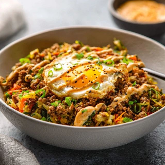 CRAVEABLE GROUND TURKEY EGG ROLL IN A BOWL 1 A white bowl filled with Ground Turkey Egg Roll in a Bowl, topped with green onions and sesame seeds.