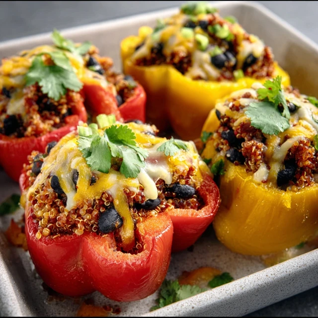CRAVEWORTHY QUINOA AND BLACK BEAN STUFFED PEPPERS 1 Colorful Quinoa and Black Bean Stuffed Peppers fresh out of the oven in a baking dish.