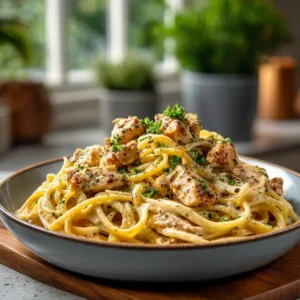 CREAMY MISSISSIPPI CHICKEN PASTA PERFECTION 5 A white bowl filled with Creamy Mississippi Chicken Pasta, topped with shredded chicken and fresh parsley.