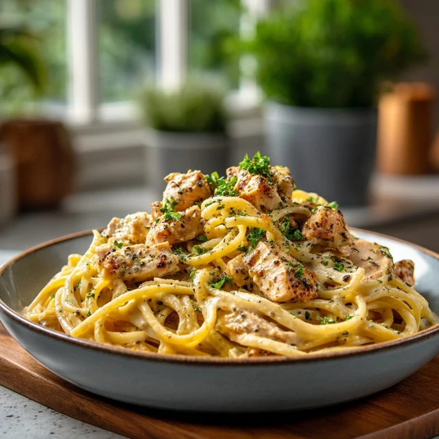 CREAMY MISSISSIPPI CHICKEN PASTA PERFECTION 1 A white bowl filled with Creamy Mississippi Chicken Pasta, topped with shredded chicken and fresh parsley.
