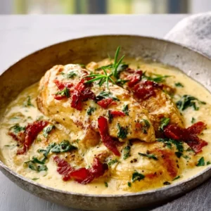 CREAMY TUSCAN GARLIC CHICKEN TO OBSESS OVER 5 A skillet of Creamy Tuscan Garlic Chicken with sun-dried tomatoes and spinach in a rich cream sauce.