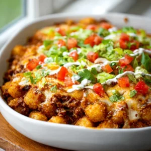 A golden-brown Taco Tater Tot Casserole in a baking dish, topped with melted cheese and a scoop taken out.