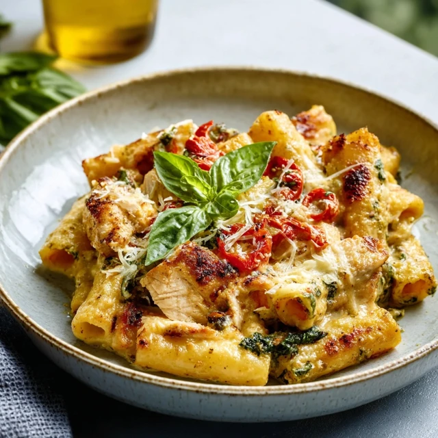 DREAMY CREAMY PESTO CHICKEN PASTA BAKE 1 A golden-brown Creamy Pesto Chicken Pasta Bake in a ceramic dish, topped with melted cheese.