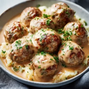 DREAMY SWEDISH MEATBALLS WITH GRAVY 5 A plate of homemade Swedish Meatballs with Gravy, garnished with fresh parsley and served with lingonberry jam.
