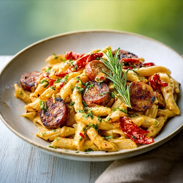 FIERY CREAMY CAJUN SAUSAGE PASTA MAGIC 1 A bowl of creamy Cajun Sausage Pasta with sliced andouille sausage, bell peppers, and a fresh parsley garnish.