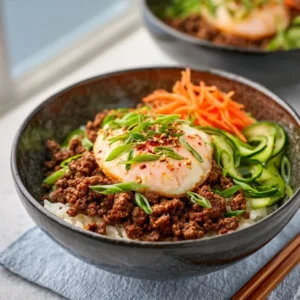 FIRECRACKER KOREAN GROUND BEEF & RICE BOWLS 5 A delicious bowl of Korean Ground Beef & Rice Bowls topped with sesame seeds and fresh green onions.