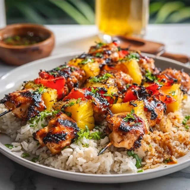 FLAME KISSED GRILLED PINEAPPLE CHICKEN KABOBS 1 Char-grilled Pineapple Chicken Kabobs on skewers with chunks of red onion and bell pepper, ready to eat.