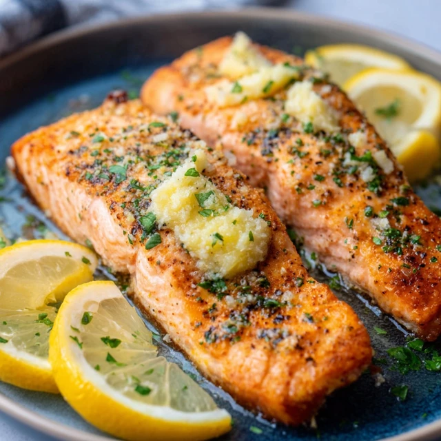 FOOLPROOF AIR FRYER GARLIC BUTTER SALMON 1 A golden-brown Air Fryer Garlic Butter Salmon fillet topped with fresh parsley and a lemon wedge.