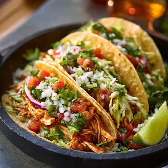 FOOLPROOF SLOW COOKER SALSA CHICKEN TACOS 1 A plate of three Slow Cooker Salsa Chicken Tacos topped with fresh cilantro, lime wedges, and cotija cheese.