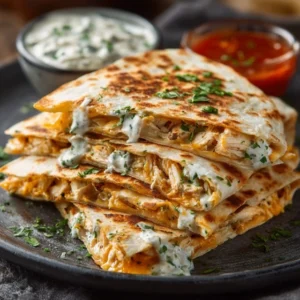 GAME CHANGER HIGH-PROTEIN CHICKEN RANCH QUESADILLA 5 A golden-brown High-Protein Chicken Ranch Quesadilla cut in half, showing the cheesy chicken filling.