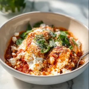 GAME CHANGING COTTAGE CHEESE CHICKEN PARM BOWL 5 A delicious Cottage Cheese Chicken Parm Bowl with crispy chicken, marinara sauce, and melted cheese over a creamy base.