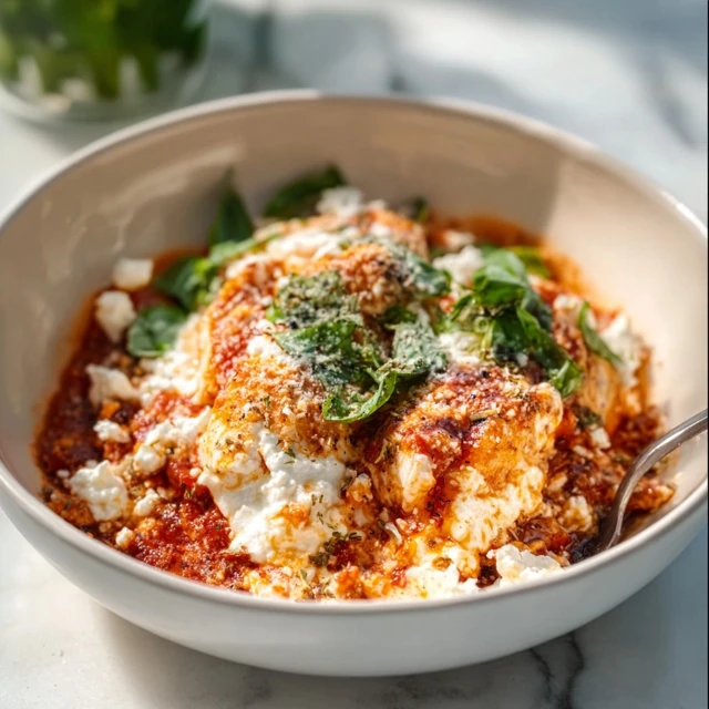 GAME CHANGING COTTAGE CHEESE CHICKEN PARM BOWL 1 A delicious Cottage Cheese Chicken Parm Bowl with crispy chicken, marinara sauce, and melted cheese over a creamy base.
