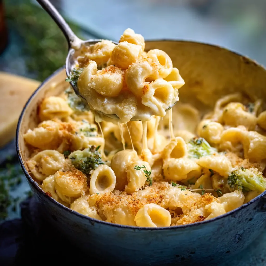 GAME-CHANGING ONE-POT CREAMY MAC AND CHEESE 1 A close-up of a pot filled with delicious One-Pot Creamy Mac and Cheese, with a cheesy spoonful being lifted out.