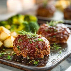 GAME CHANGING SHEET PAN MINI MEATLOAVES 5 A baking sheet with several glazed Sheet Pan Mini Meatloaves, fresh out of the oven.