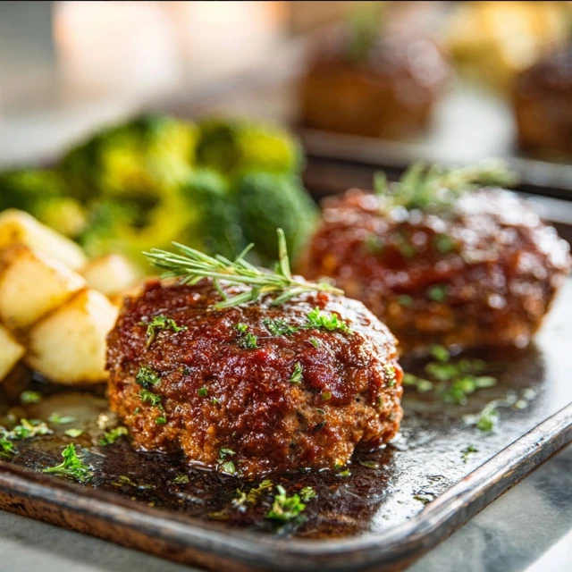 GAME CHANGING SHEET PAN MINI MEATLOAVES 1 A baking sheet with several glazed Sheet Pan Mini Meatloaves, fresh out of the oven.