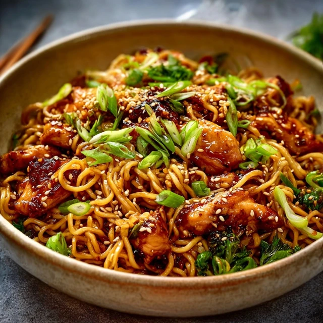 GAME CHANGING STICKY GARLIC CHICKEN NOODLES 1 A delicious bowl of Sticky Garlic Chicken Noodles, glistening with sauce and topped with fresh scallions and sesame seeds.