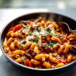 A steaming bowl of classic American Goulash with elbow macaroni, ground beef, and melted cheese, garnished with parsley.