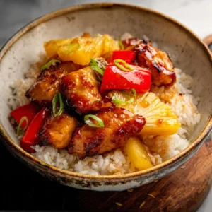 A delicious bowl of Honey Garlic Pineapple Chicken and Rice, garnished with fresh pineapple and green onions.