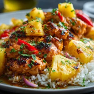 A colorful sheet pan filled with Sheet Pan Pineapple Chicken and Rice, bell peppers, and red onion fresh from the oven.