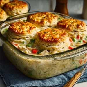 HEARTY BISCUIT-TOPPED CHICKEN POT PIE 5 A golden-brown Biscuit-Topped Chicken Pot Pie in a baking dish, with creamy filling bubbling around the fluffy biscuits.
