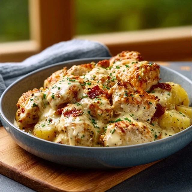 HEAVENLY CREAMY GARLIC CHEESY CHICKEN & POTATOES 1 A golden-brown skillet of Creamy Garlic Cheesy Chicken & Potatoes, topped with fresh parsley.
