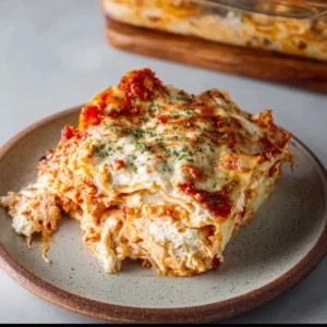 HIGH-PROTEIN COTTAGE CHEESE LASAGNA PERFECTION 5 A delicious slice of high-protein cottage cheese lasagna on a plate, showing layers of pasta, sauce, and melted cheese.