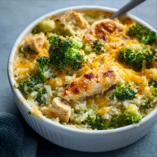 HOMESTYLE CHEESY CHICKEN BROCCOLI RICE CASSEROLE 1 A golden-baked Cheesy Chicken Broccoli Rice Casserole in a dish, with a scoop showing the creamy interior.