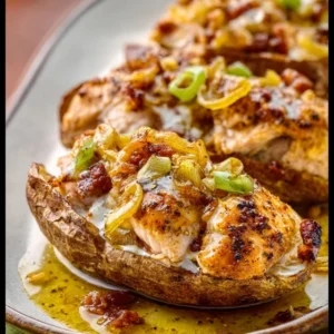 INSANELY GOOD MISSISSIPPI CHICKEN LOADED BAKED POTATOES 5 A close-up of Mississippi Chicken Loaded Baked Potatoes, overflowing with shredded chicken, melted cheese, and green onions.