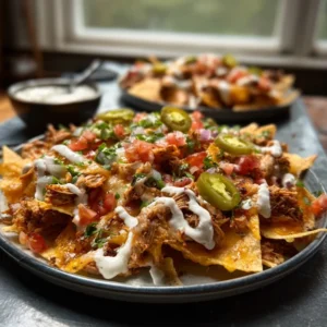 A heaping platter of cheesy Mississippi Chicken Nachos topped with tender shredded chicken, melted cheese, and pepperoncini.