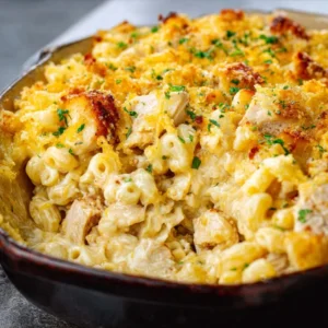 A casserole dish of creamy, baked Mississippi Chicken Mac and Cheese with a golden, cheesy topping and shredded chicken.