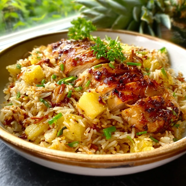 IRRESISTIBLE PINEAPPLE CHICKEN AND RICE BAKE 1 A golden-brown Pineapple Chicken and Rice Bake in a casserole dish, garnished with fresh herbs and ready to serve.