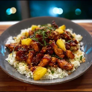 A white bowl of saucy Bourbon Pineapple Chicken and Rice, topped with fresh pineapple chunks and sliced green onions.