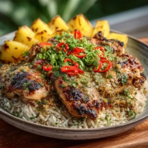 A vibrant skillet of Caribbean Jerk Pineapple Chicken and Rice with colorful bell peppers.