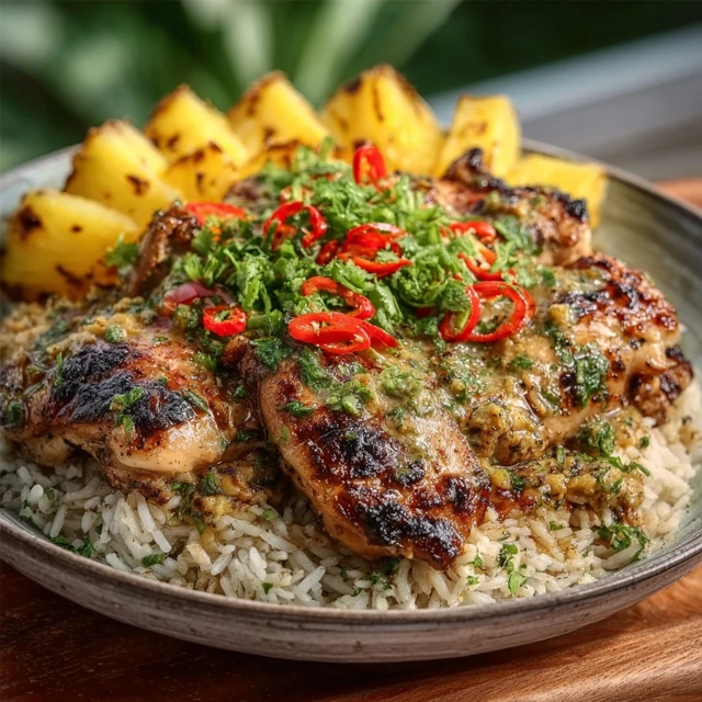 ISLAND CARIBBEAN JERK PINEAPPLE CHICKEN AND RICE 1 A vibrant skillet of Caribbean Jerk Pineapple Chicken and Rice with colorful bell peppers.