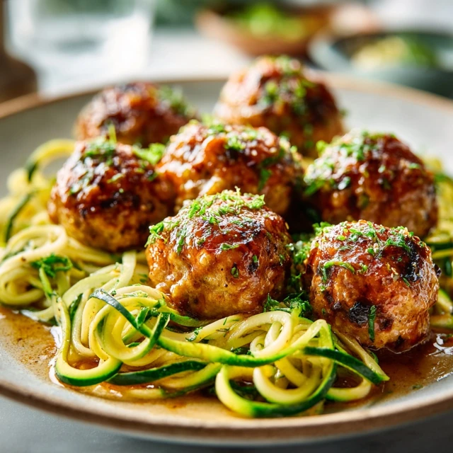 JUICY HEALTHY TURKEY MEATBALLS WITH ZOODLES 1 A white bowl of healthy turkey meatballs with zoodles in a rich tomato sauce, garnished with fresh parsley.