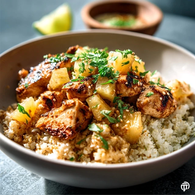 KETO PINEAPPLE CHICKEN AND CAULIFLOWER RICE SKILLET 1 A vibrant bowl of Keto Pineapple Chicken and Cauliflower Rice, garnished with fresh green onions and sesame seeds.