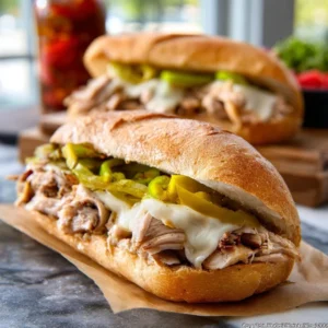 LEGENDARY MISSISSIPPI CHICKEN HOAGIE SANDWICHES 5 Two Mississippi Chicken Hoagie Sandwiches on a platter, loaded with shredded chicken, melted provolone, and pepperoncini.