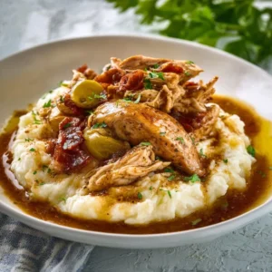 A bowl of tender, shredded Mississippi Chicken served over fluffy rice and garnished with pepperoncini peppers.